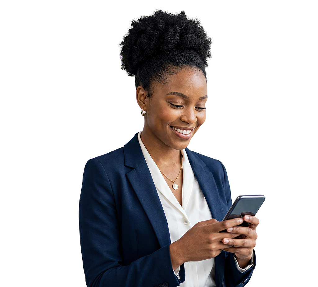 A business owner smiling at her phone as her invoices reconcile themselves